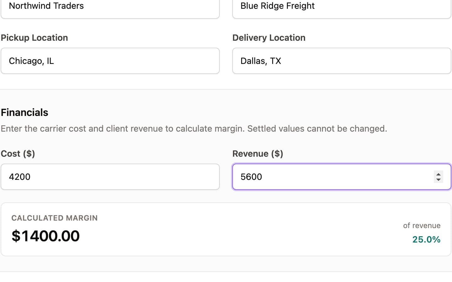 Automated margin calculation showing $1400.00 margin and 25.0% rate capture