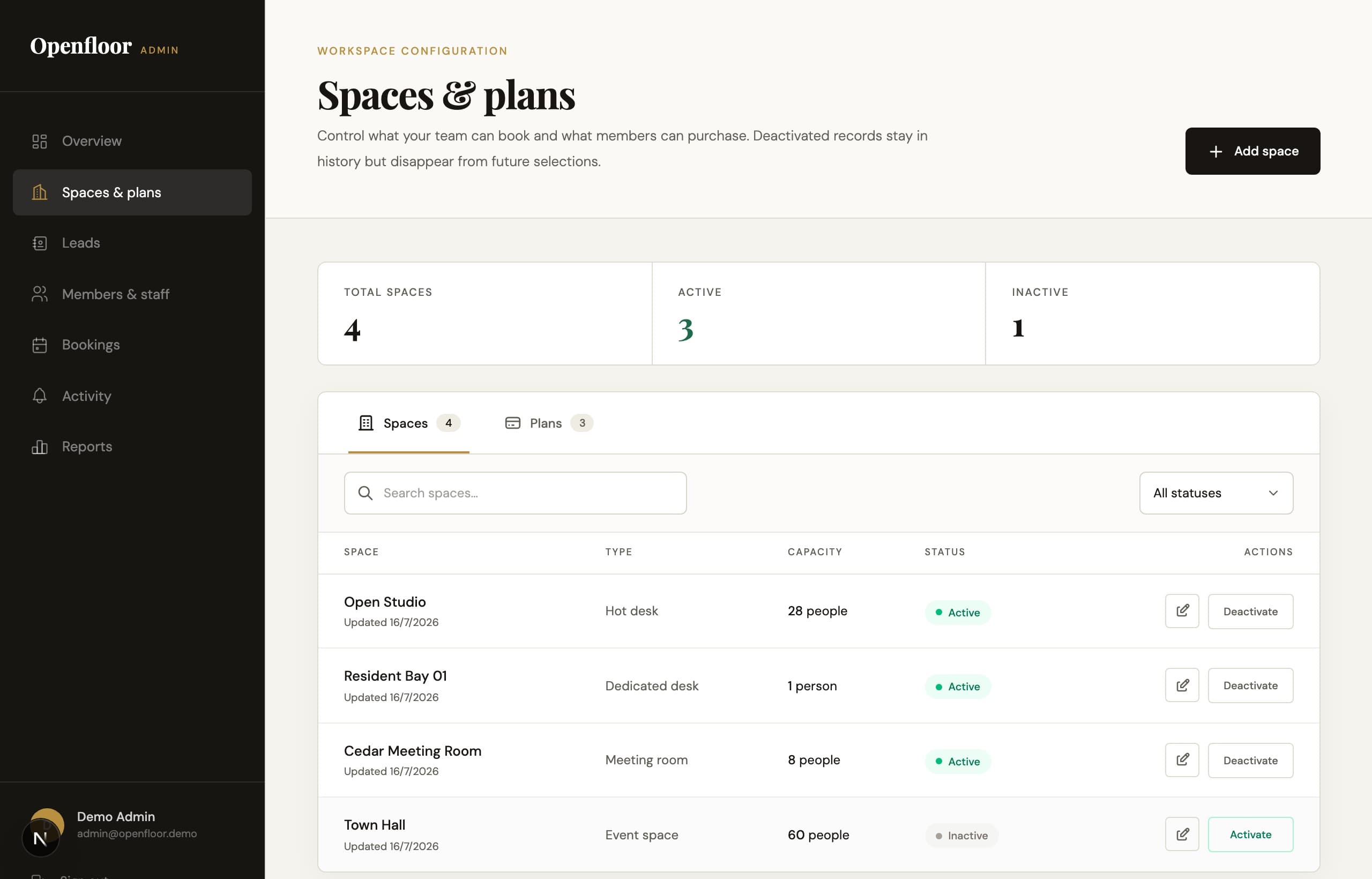 Admin controls listing offerings and capacity with status and edit options.