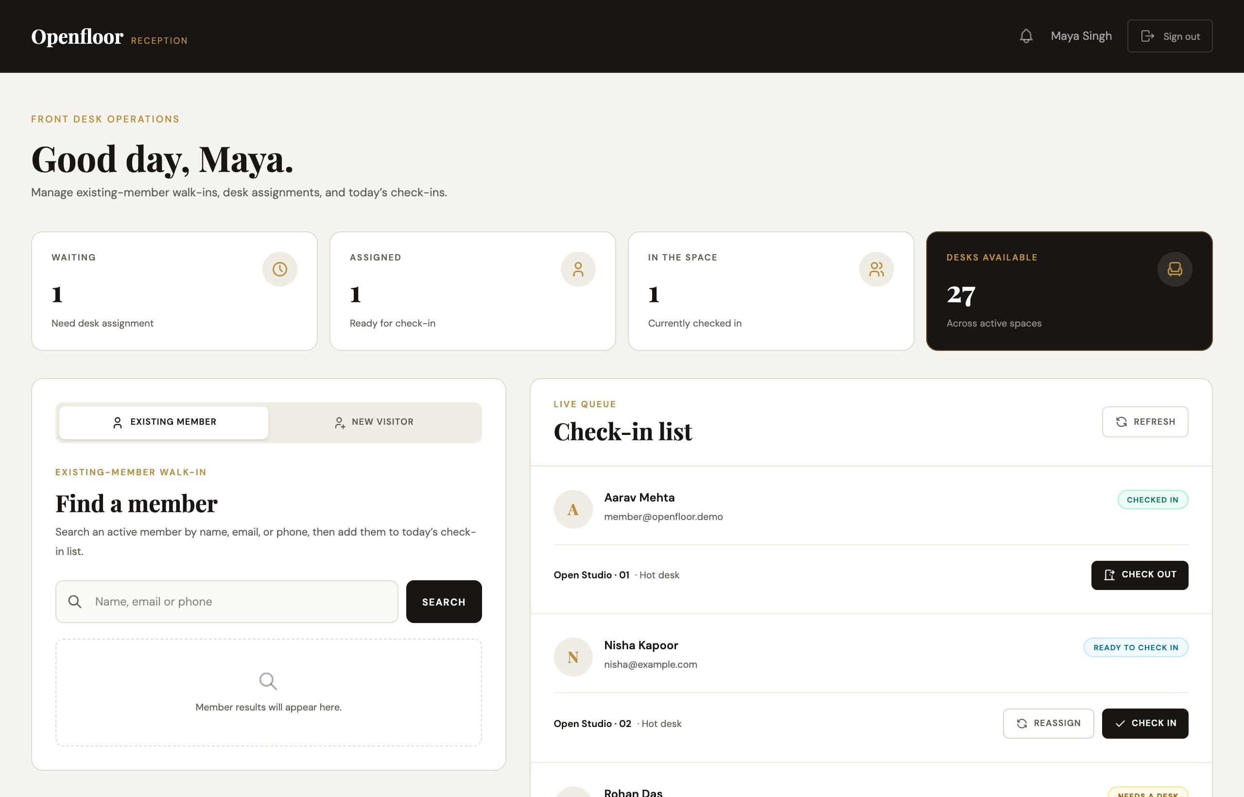 Operations screen with live counts for waiting, assigned, and active records, quick search, and an active check-in list.