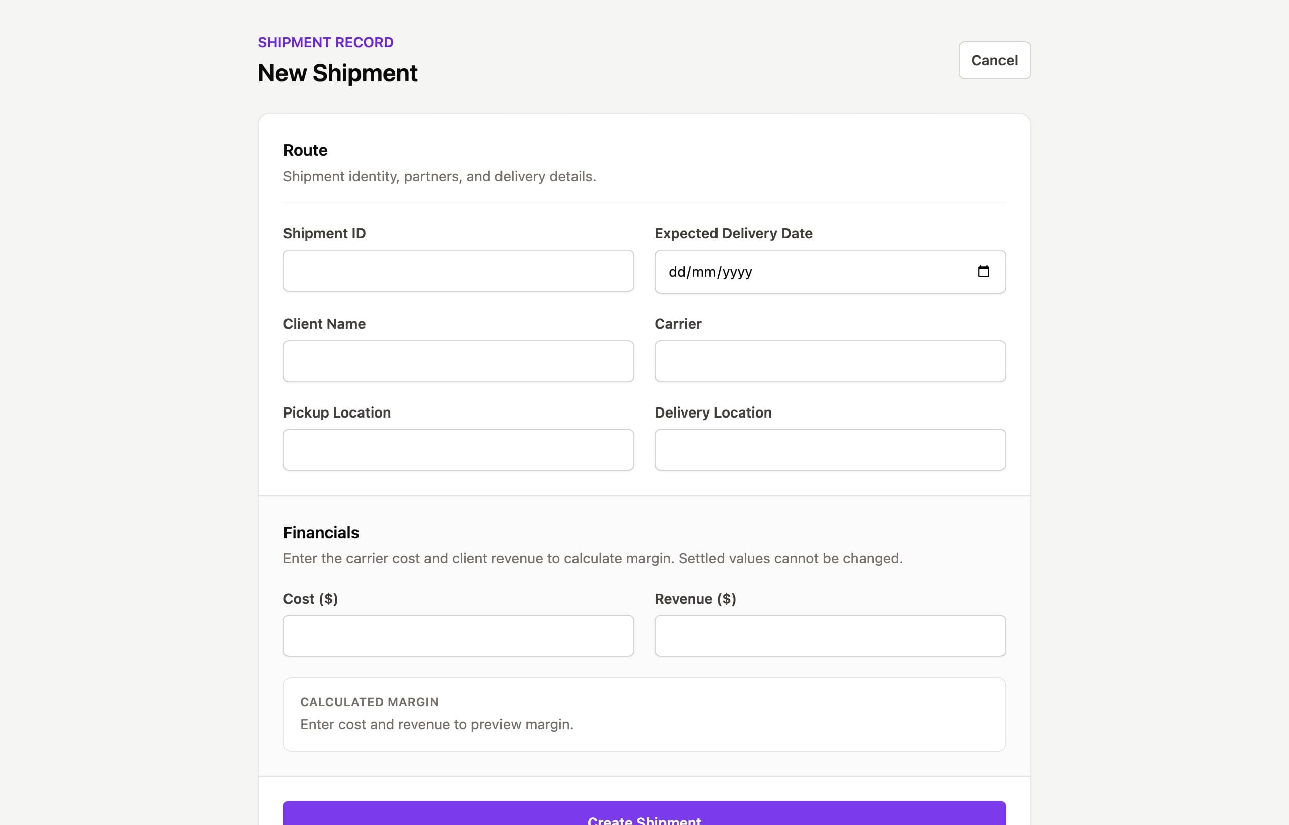 Transaction entry form showing financial fields with automated margin and rate calculations.