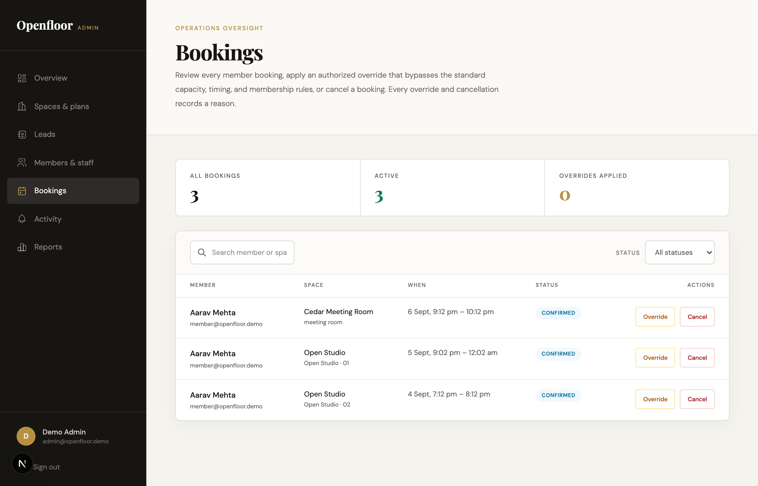 Admin booking control desk tracking active reservation slots, space types, and schedule status.