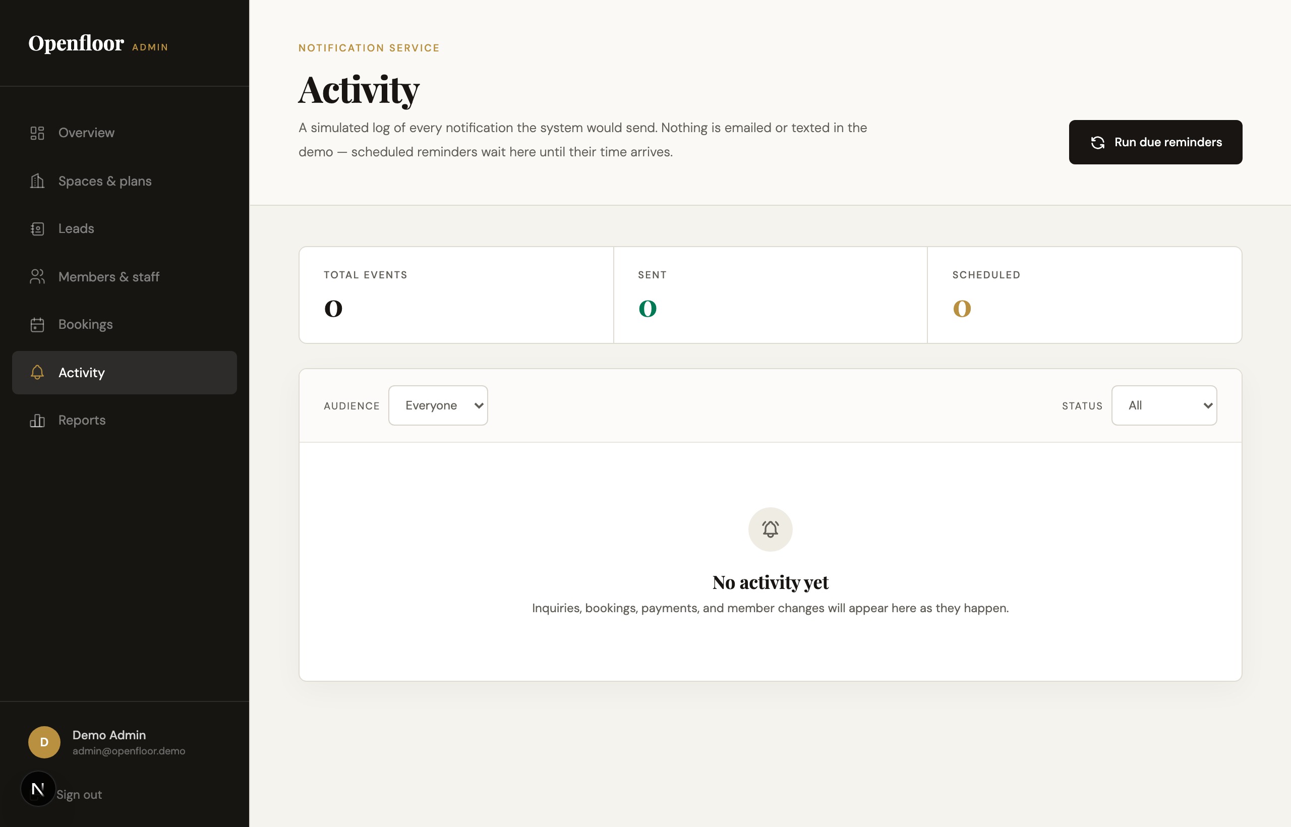Operational notification feed logging check-in timestamps, booking confirmations, and alerts.