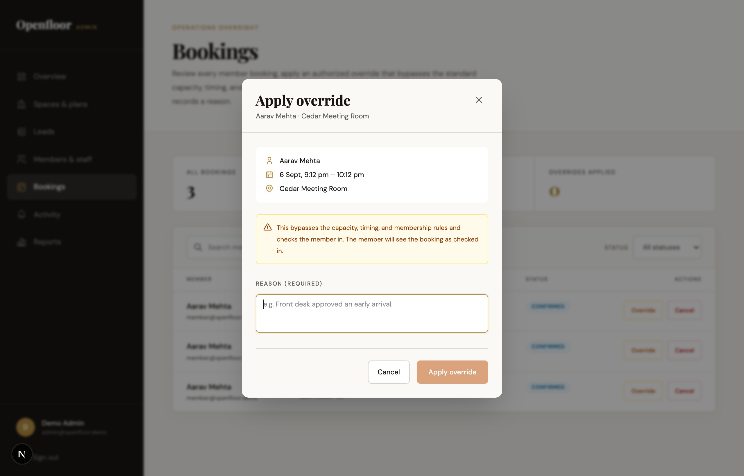 Booking override modal for approving capacity rule exceptions with timestamped reasoning.