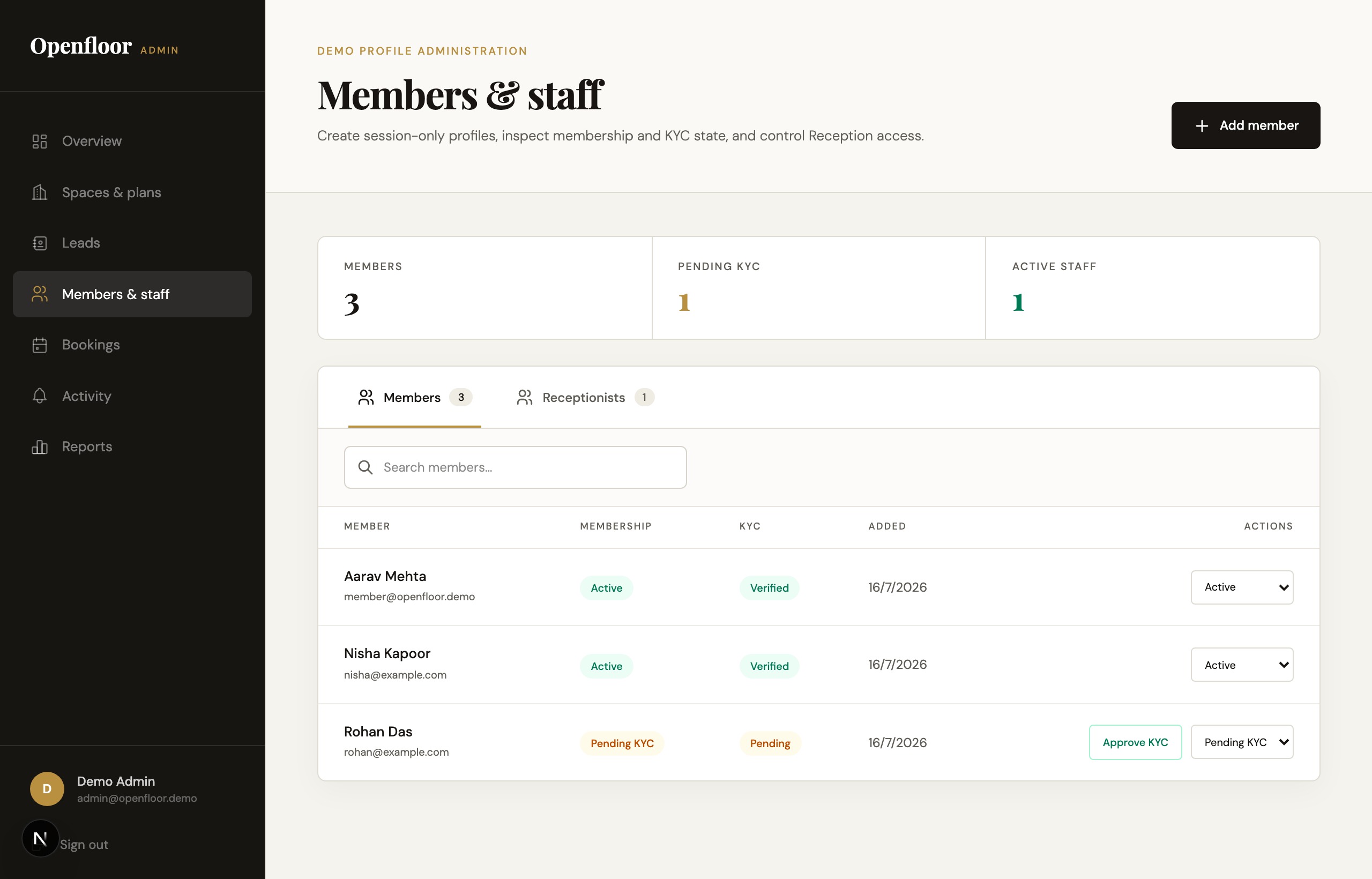 Operator and member directory tracking assigned equipment custody, identity verification, and active status.