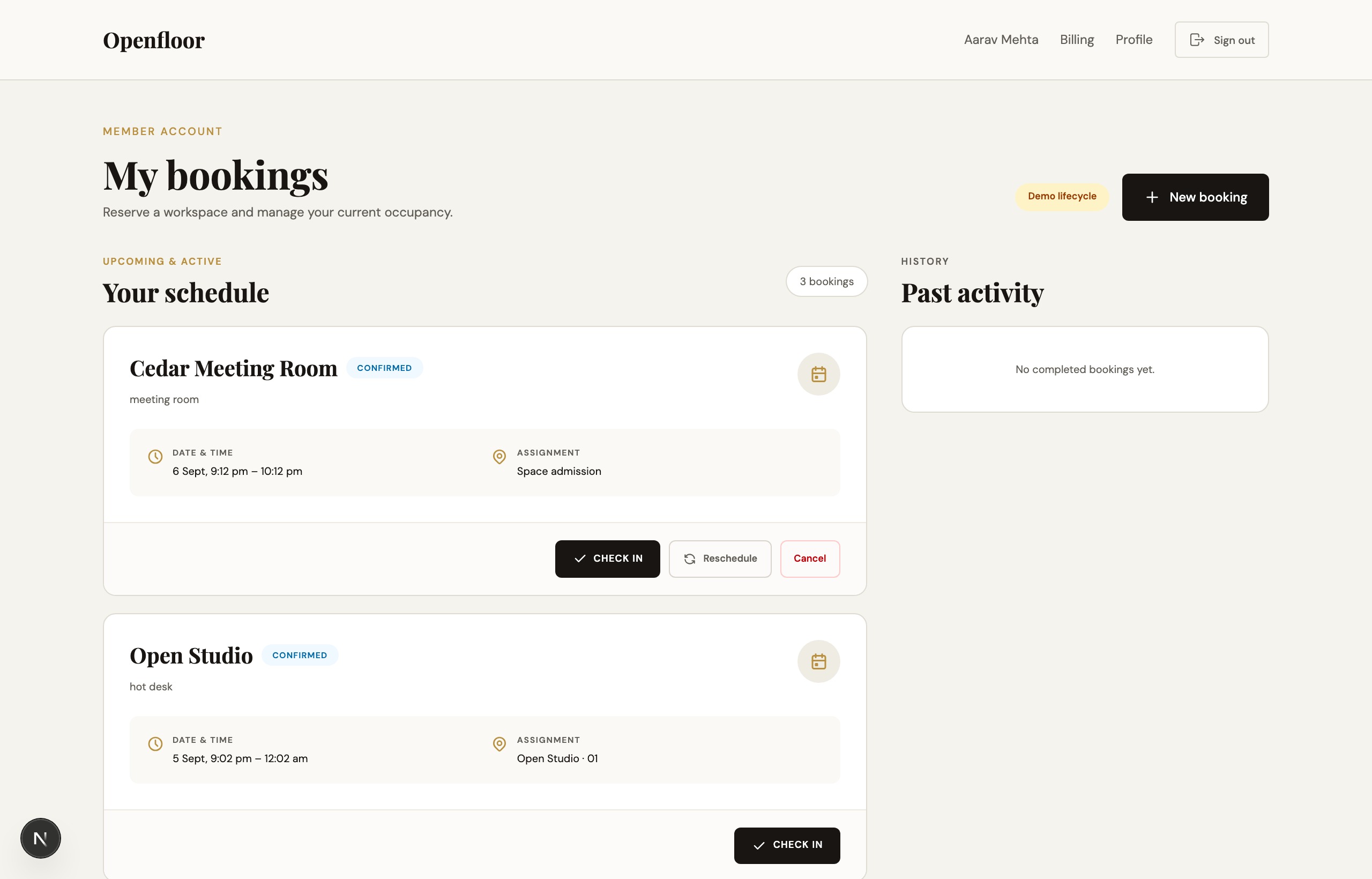 Customer bookings view for creating, rescheduling, and cancelling reservations with self check-in.
