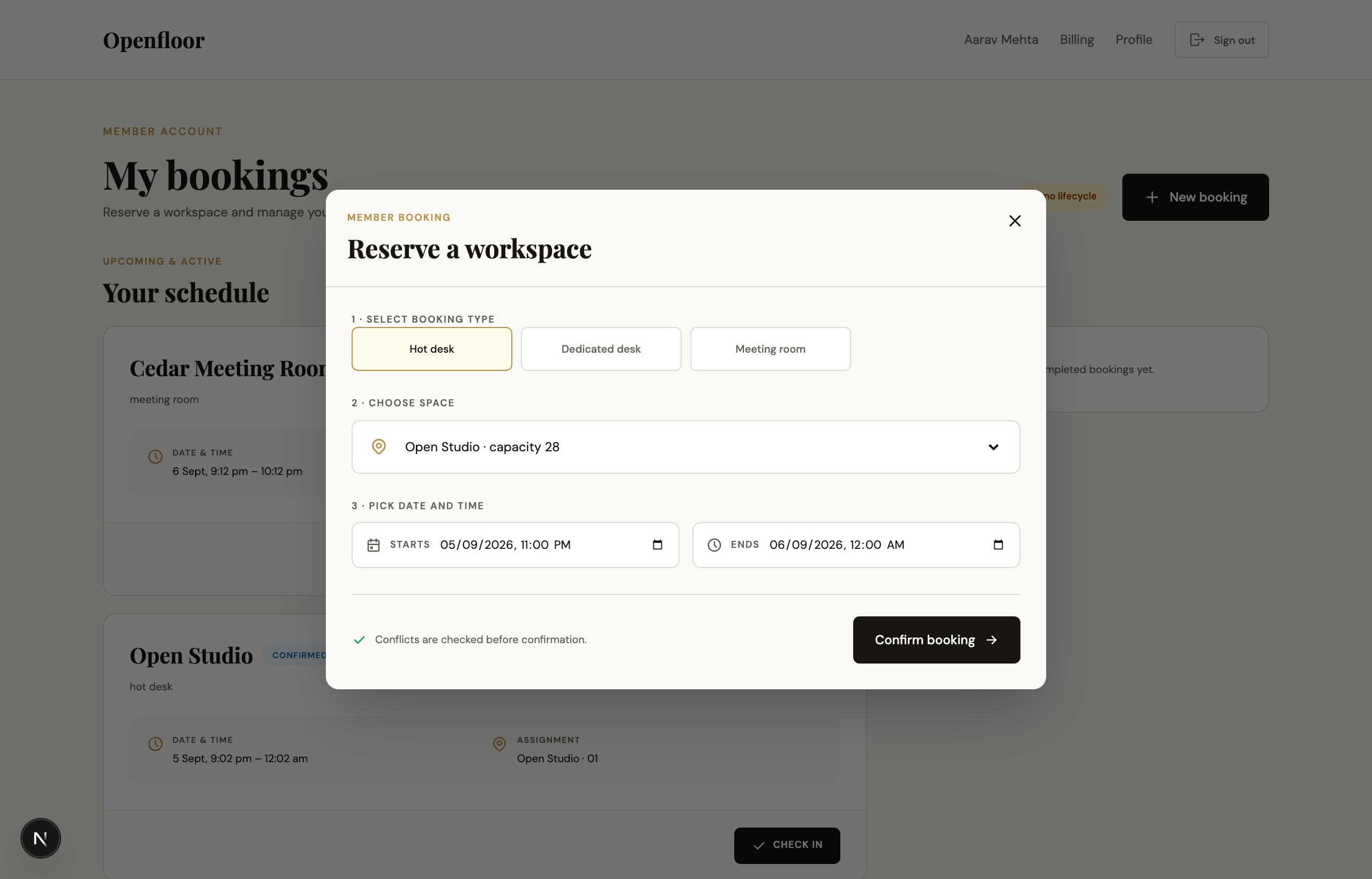 Customer reservation modal checking live space availability and booking parameters.