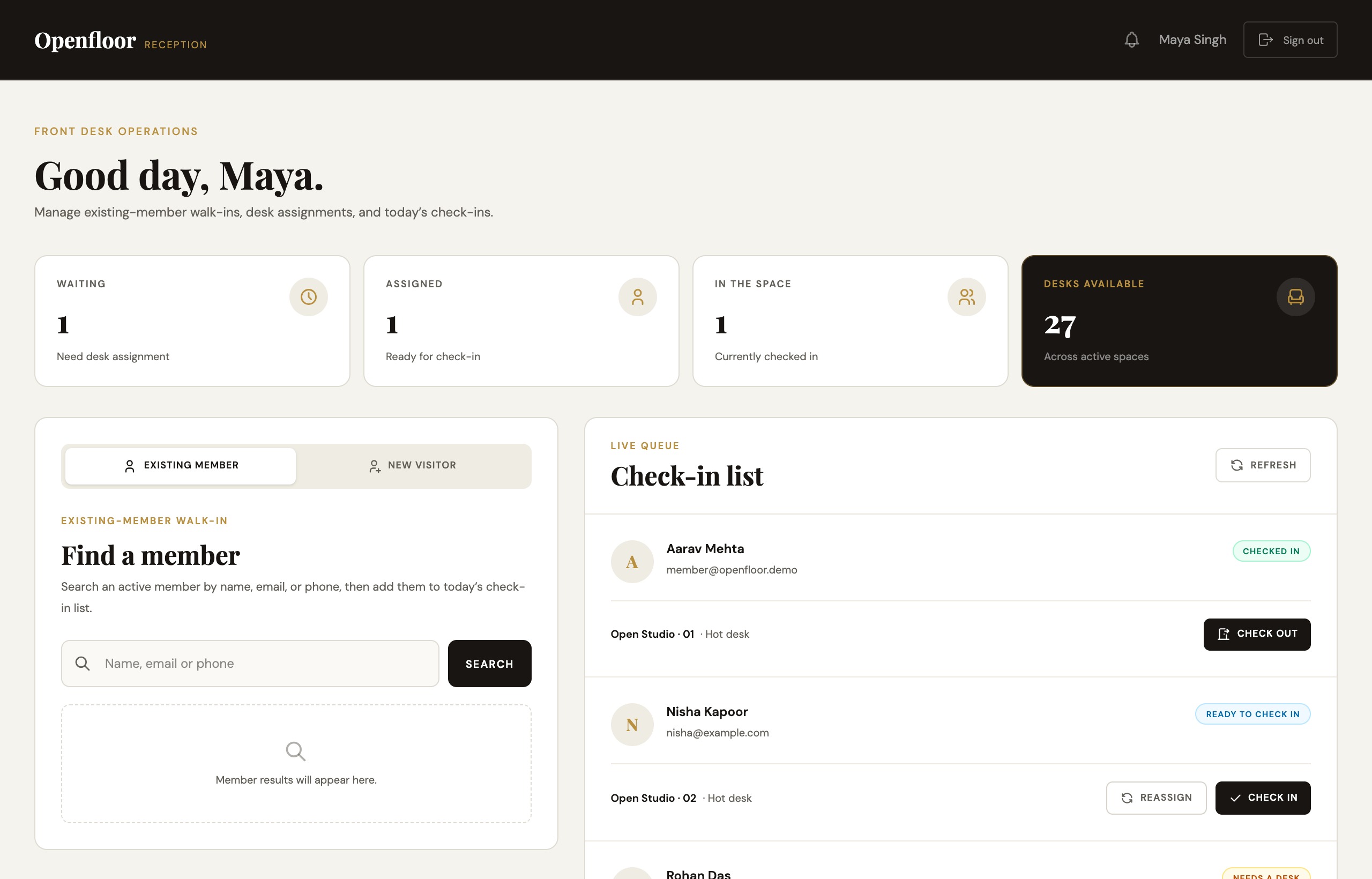 Front-desk intake and live queue management screen