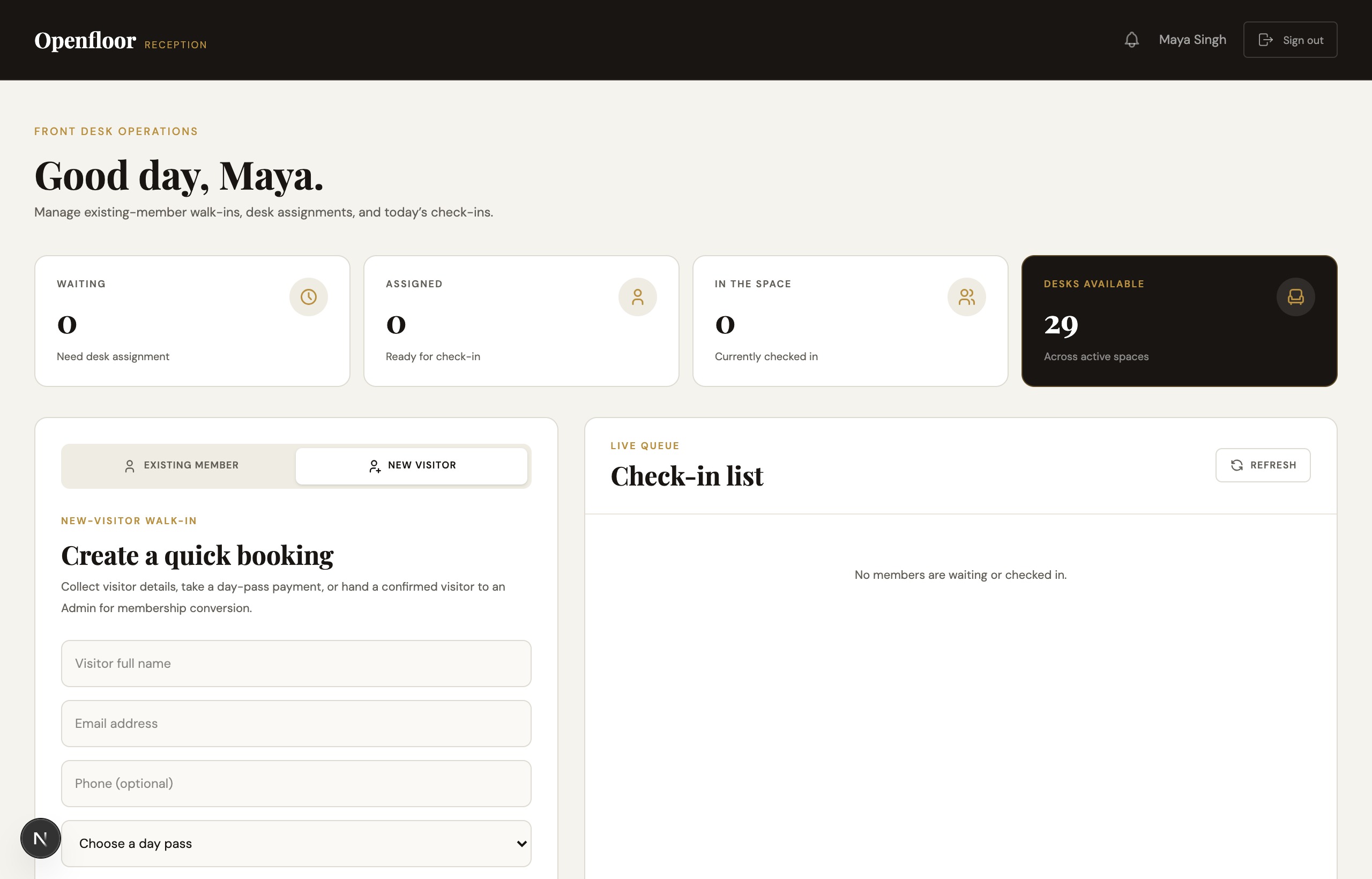 Walk-in registration panel capturing guest details and allocating desk capacity on the spot.